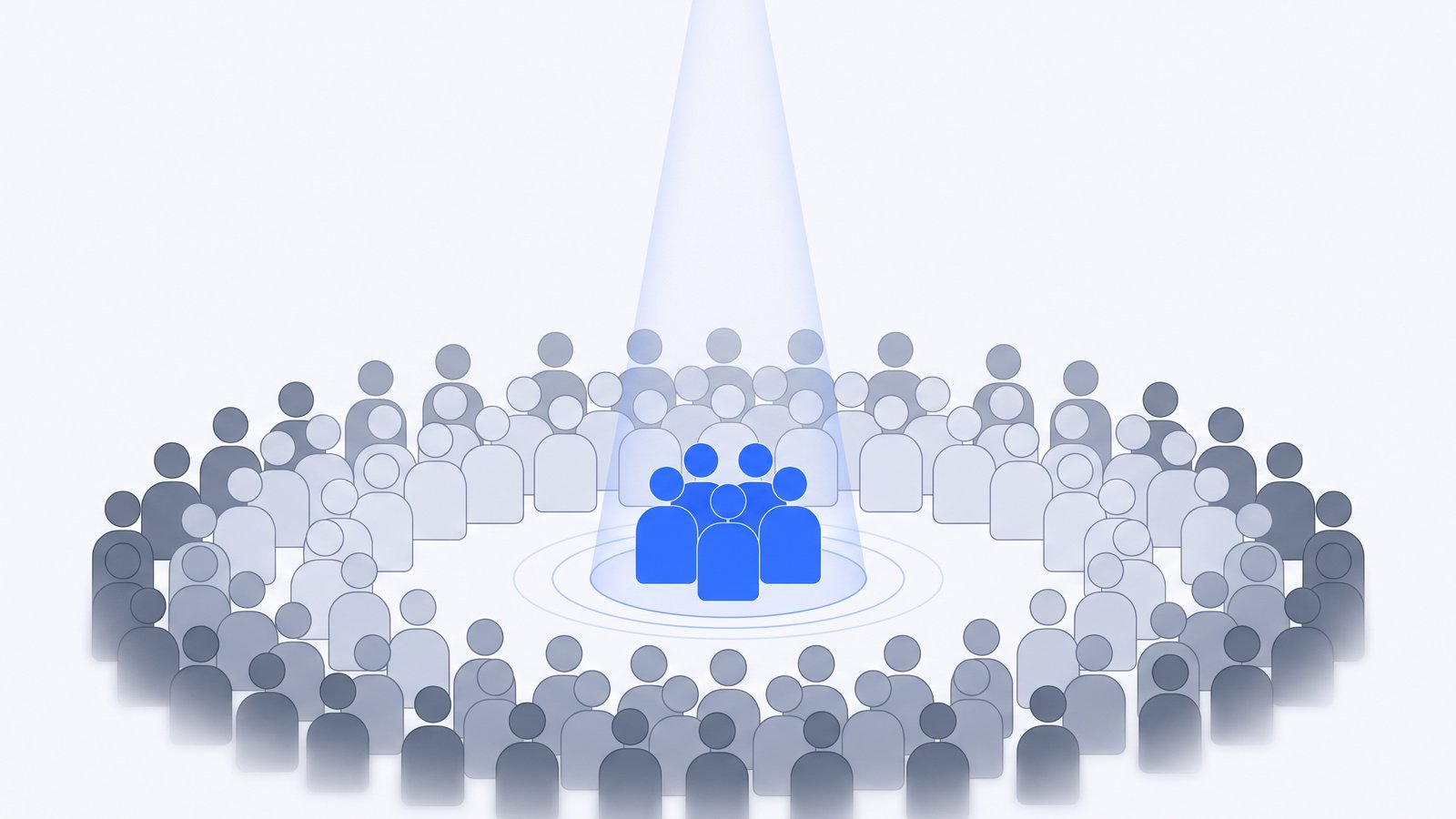A spotlight falling again and again on the same small group in a large crowd